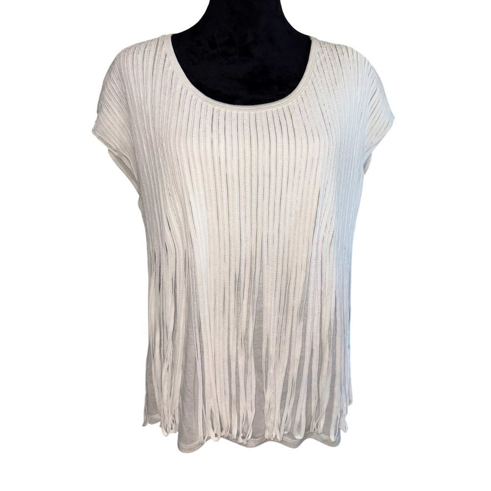 Miilla Womens White Fringe Overlay Cap Sleeve Scoop Neck Layered Top Size Large‎
